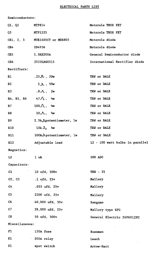 Electrical Parts List